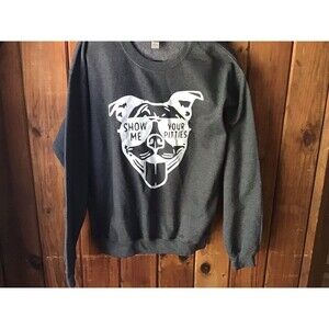 Gildan Heavy Blend Sweatshirt Size M Medium Gray Pit Bull Dog Graphic Crew Neck